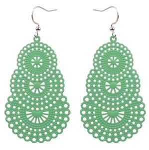 Mint Green Tiered Filigree Lace Earrings Big Cut Out Dangle Perforated Design